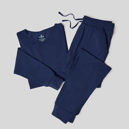 Blue Manmade Pajama Set with long sleeve top and pants.