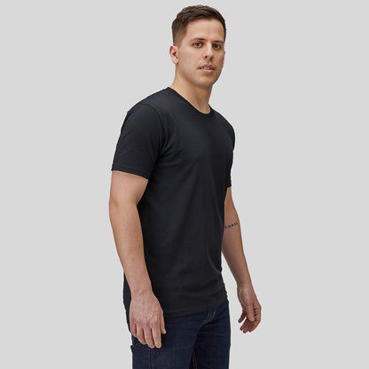 Model with black t-shirt side view