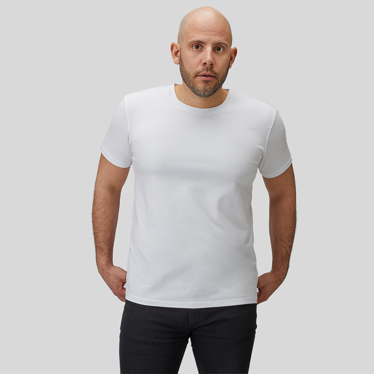 Model with white t-shirt front view