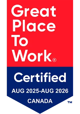 A red and blue certification badge reading 'Great Place To Work' with 'Certified AUG 2025-AUG 2026 CANADA' in white text.