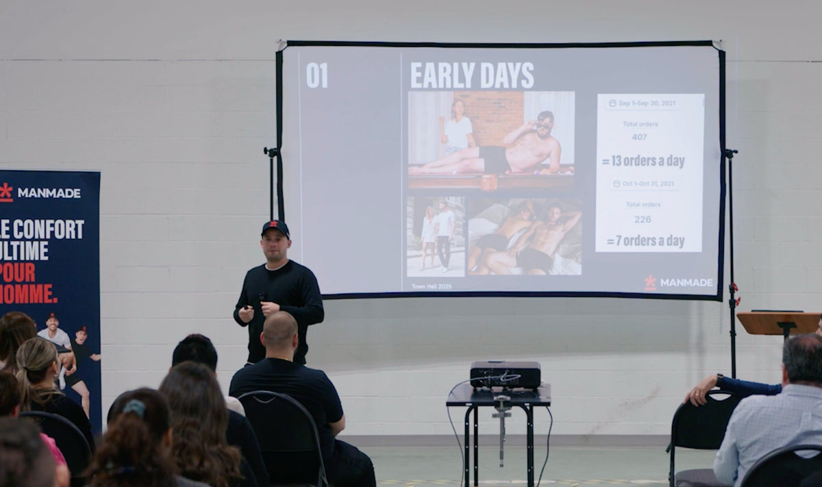 Rob stands in front of a large projection screen displaying a presentation slide titled 'EARLY DAYS' with photos and text, speaking to Manmade employees in a large room.